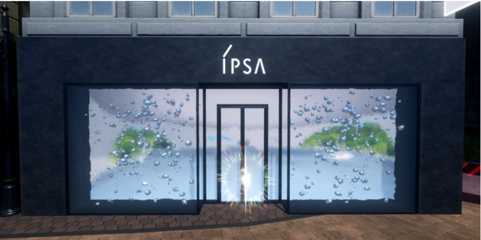 IPSA Play Lab.外観 →シンプル・ミニマルな外観。実店舗にはない酸素と水をイメージした&nbsp; &nbsp;泡のインスタレーションを演出