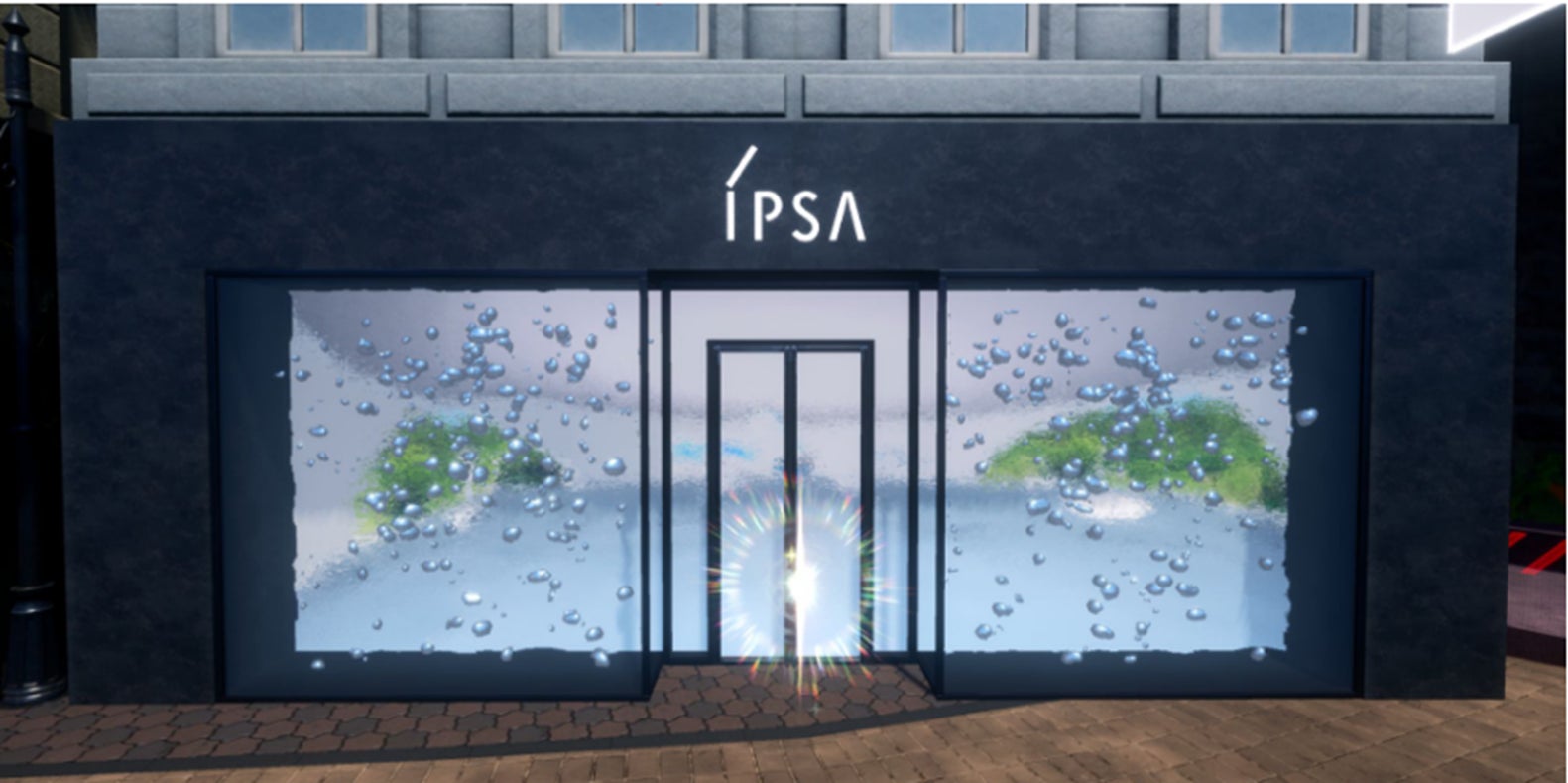 IPSA Play Lab.外観 →シンプル・ミニマルな外観。実店舗にはない酸素と水をイメージした   泡のインスタレーションを演出