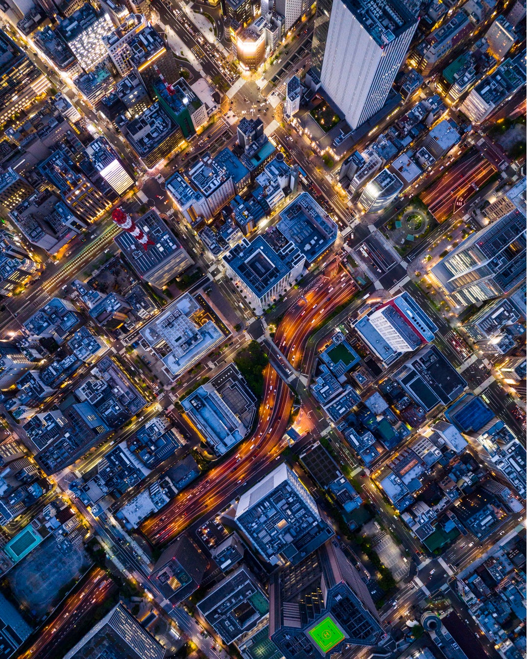 「City at dusk. Aerial photograph」