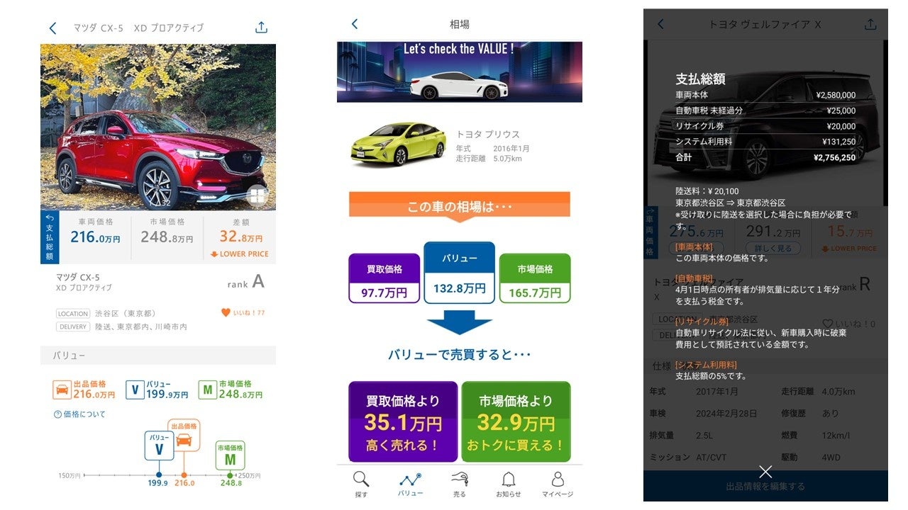 出品詳細画面にバリューを表示(左) バリューの簡単検索機能(中) 安心の総額表示(右)
