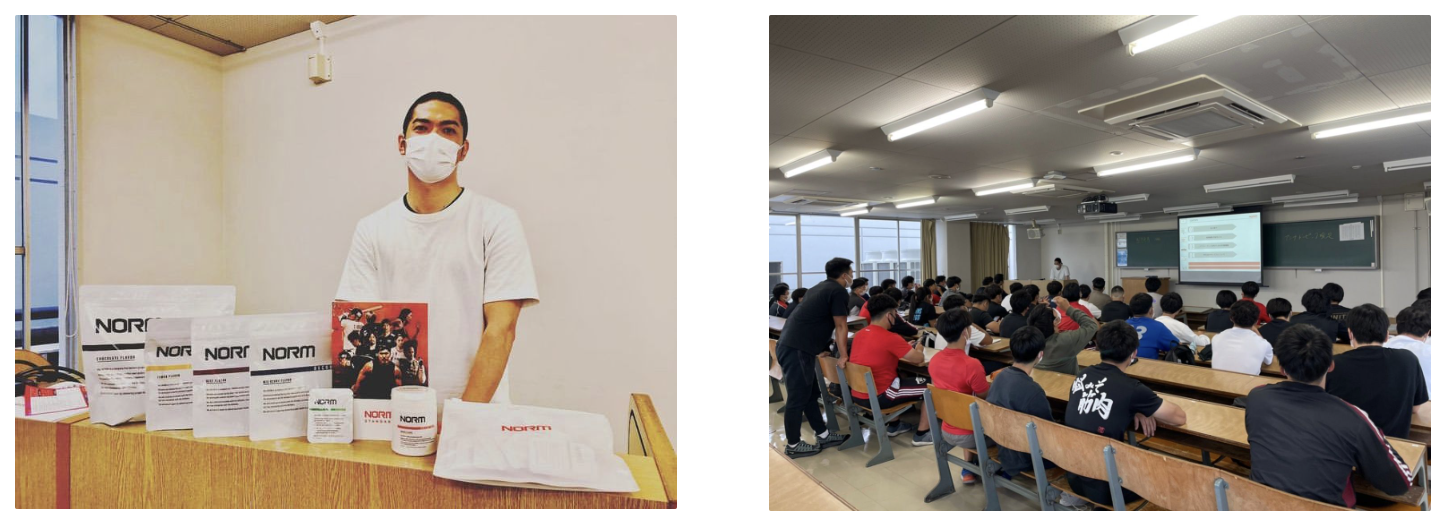 大学の体育会に向けての栄養指導も実施。福岡大学のラグビー部に向けた栄養指導の様子。