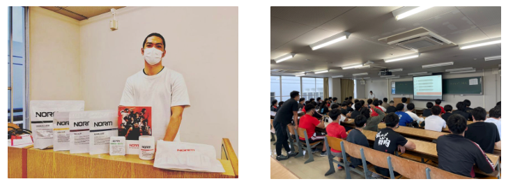 大学の体育会に向けての栄養指導も実施。福岡大学のラグビー部に向けた栄養指導の様子。