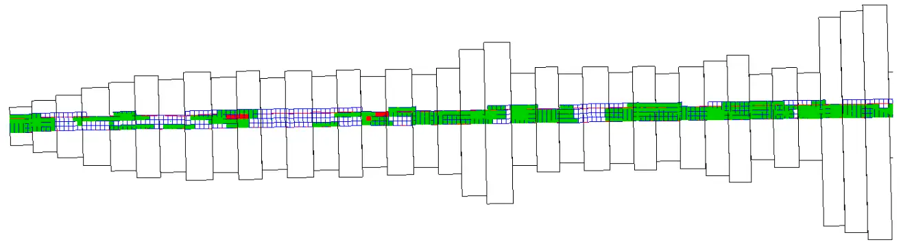 (3)鳥瞰図を50cm四方のグリッドに分割し、ひび割れを割り当て、ひび割れ率を算出します