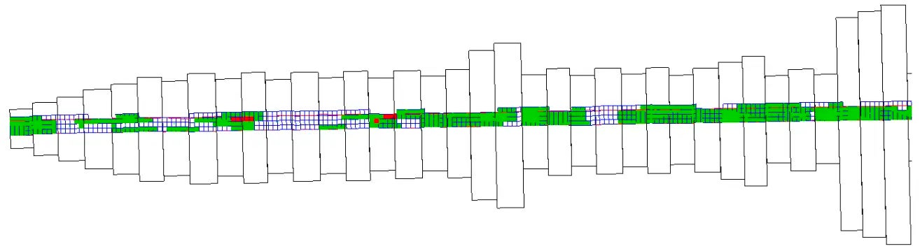 (3)鳥瞰図を50cm四方のグリッドに分割し、ひび割れを割り当て、ひび割れ率を算出します