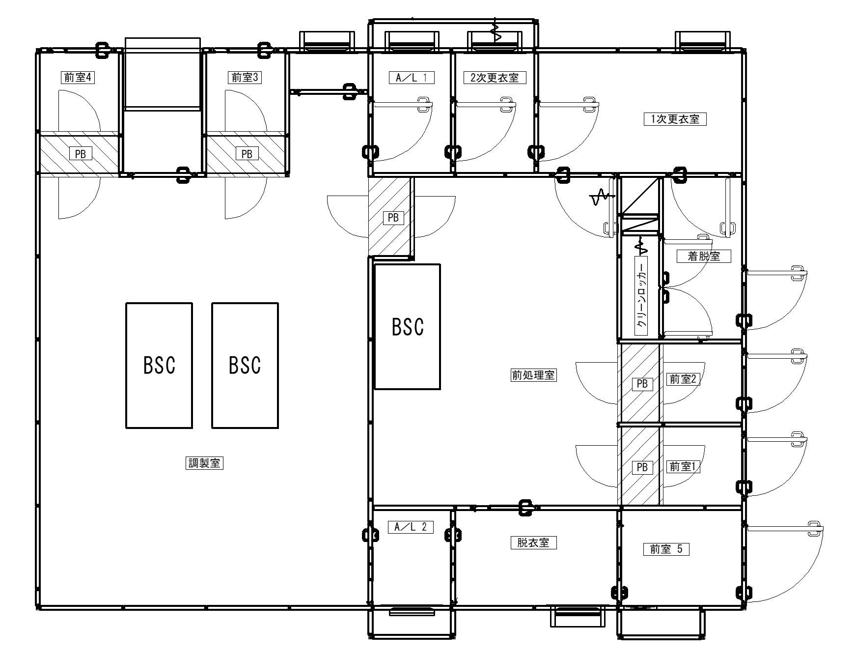 細胞培養設備の例(複数のシステム機器と処理室を導入した空間)