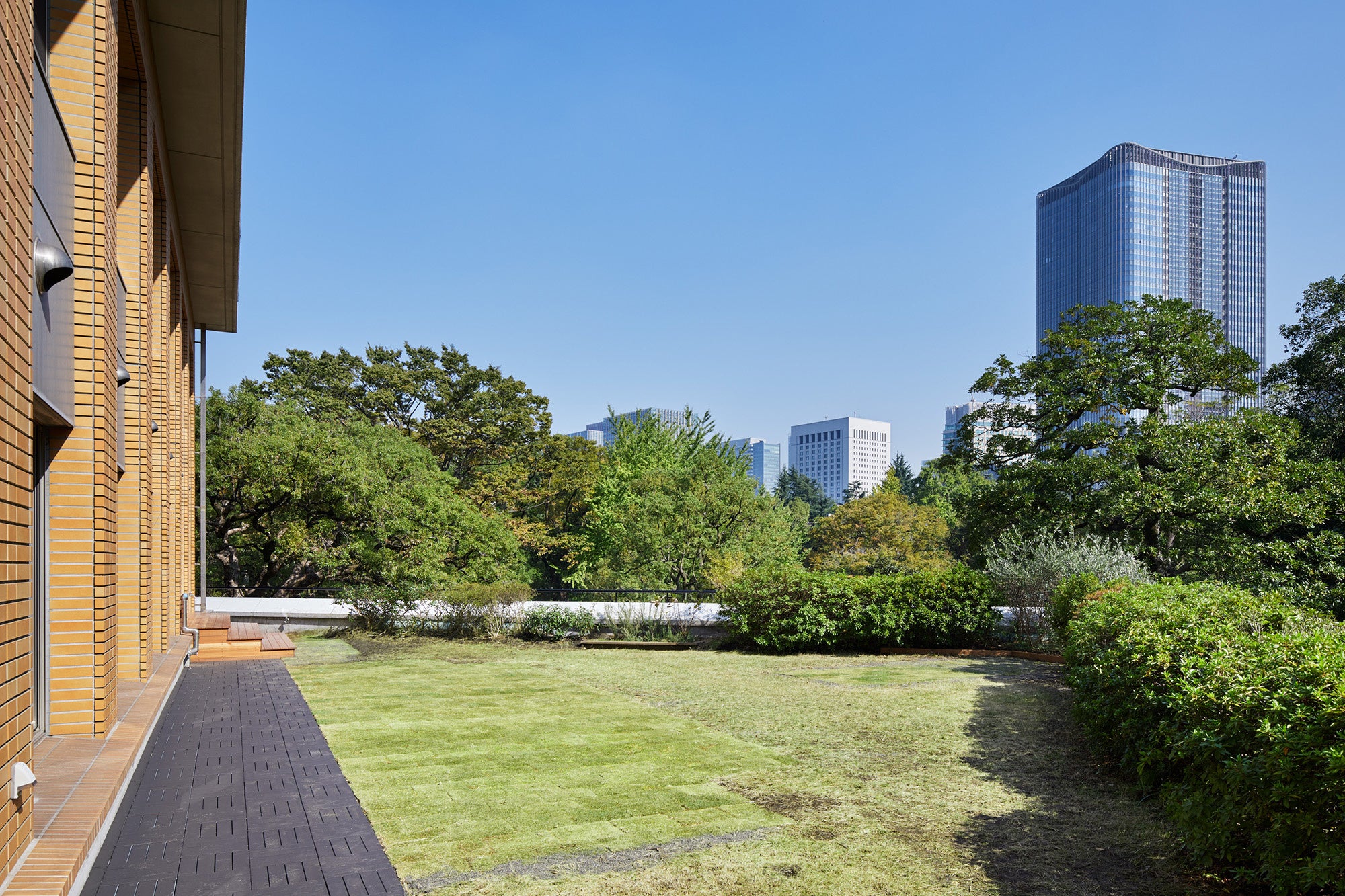 緑とビルのコントラスト。都心ならではの景色を楽しめるガーデンテラス