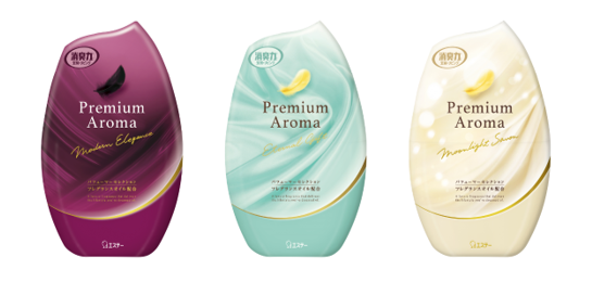 左から「玄関・リビング用 消臭力 Premium Aroma」〈モダンエレガンス〉、〈エターナルギフト〉、〈ムーンライトシャボン〉