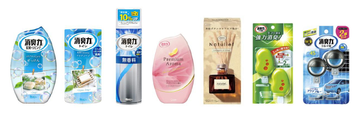 左から「玄関・リビング用 消臭力」、「消臭力 トイレ用」、「消臭力 トイレ用スプレー」、「玄関・リビング用 消臭力 Premium Aroma」、「消臭力 Natulief 玄関・リビング用 リードディフューザー」、「消臭力 ゴミ箱用」、「クルマの消臭力