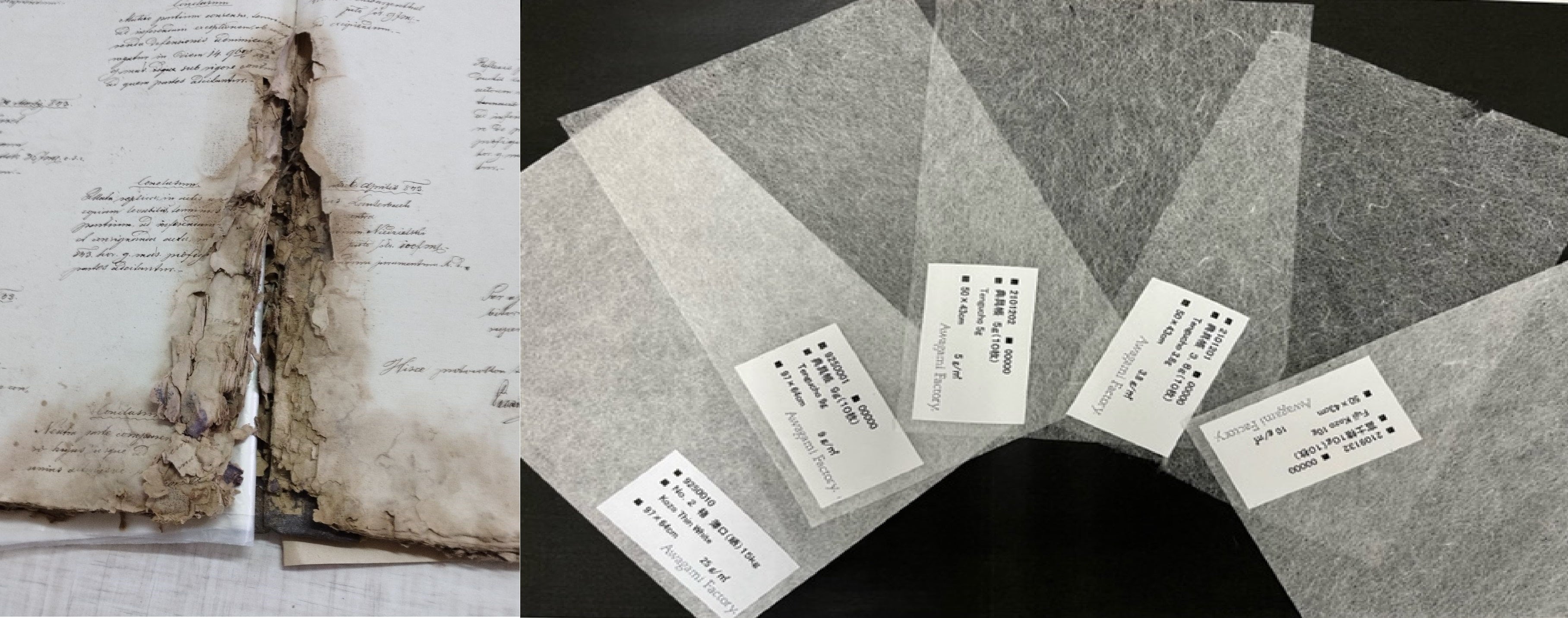 (左)修復を要する古文書、(右)今回提供する阿波和紙