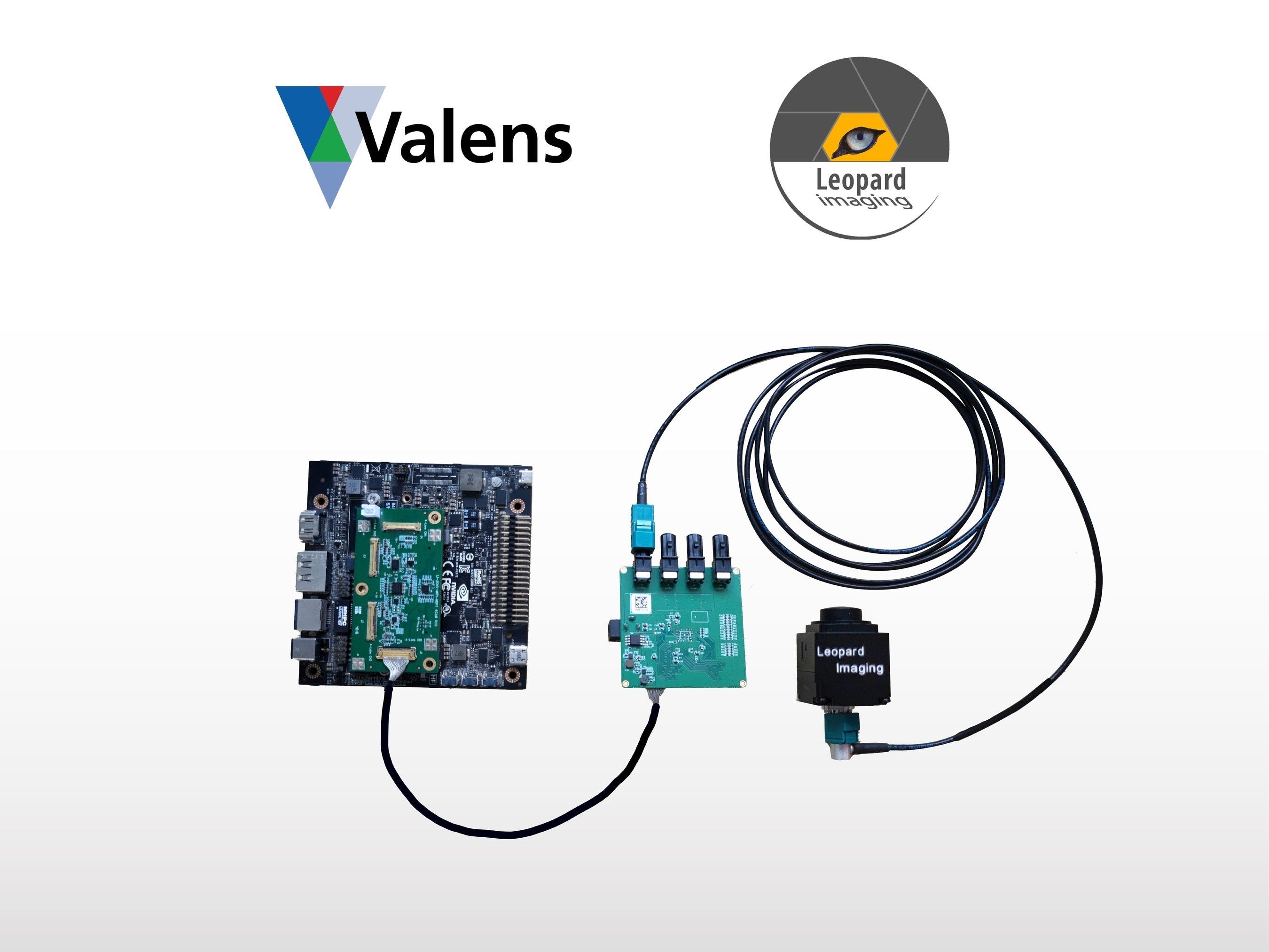 画像提供：Leopard Imaging社    Leopard Imaging社のA-PHYカメラ・モジュールのコンポーネント。Valens SemiconductorのVA7031シリアライザとVA7044クワッド・デシリアライザなどを採用。