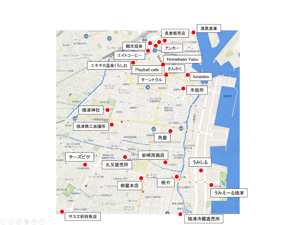 グリーンスローモビリティ走行エリアと停留所案