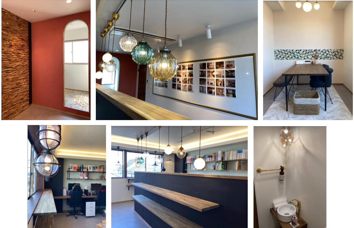 施工事例が並ぶ壁、照明やタイル、壁、洗面までカフェのようなオシャレな空間