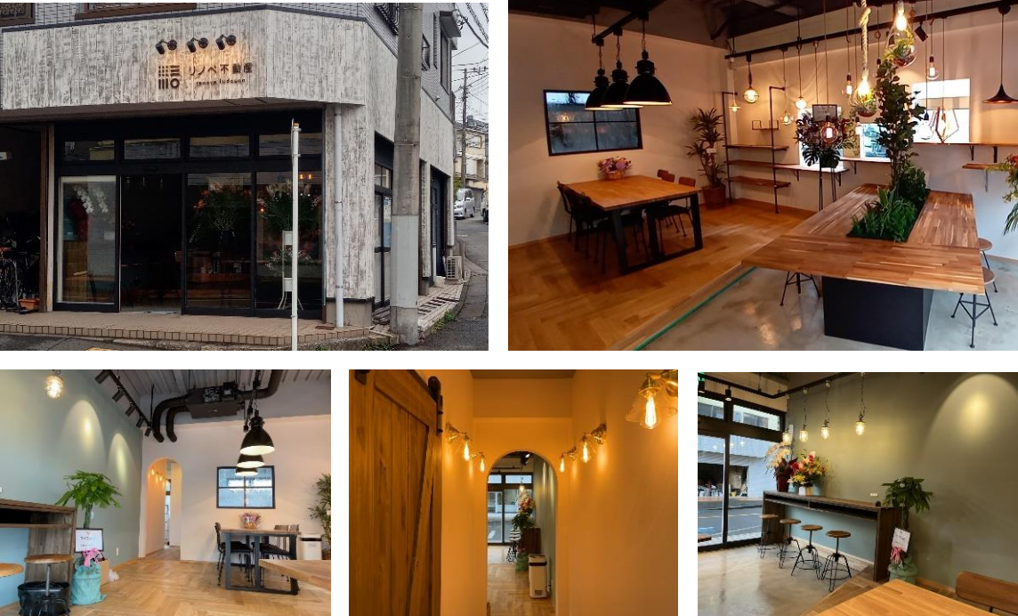 建材やインテリア、ダウンライトがお洒落なショールーム。ロの字型テーブルも印象的