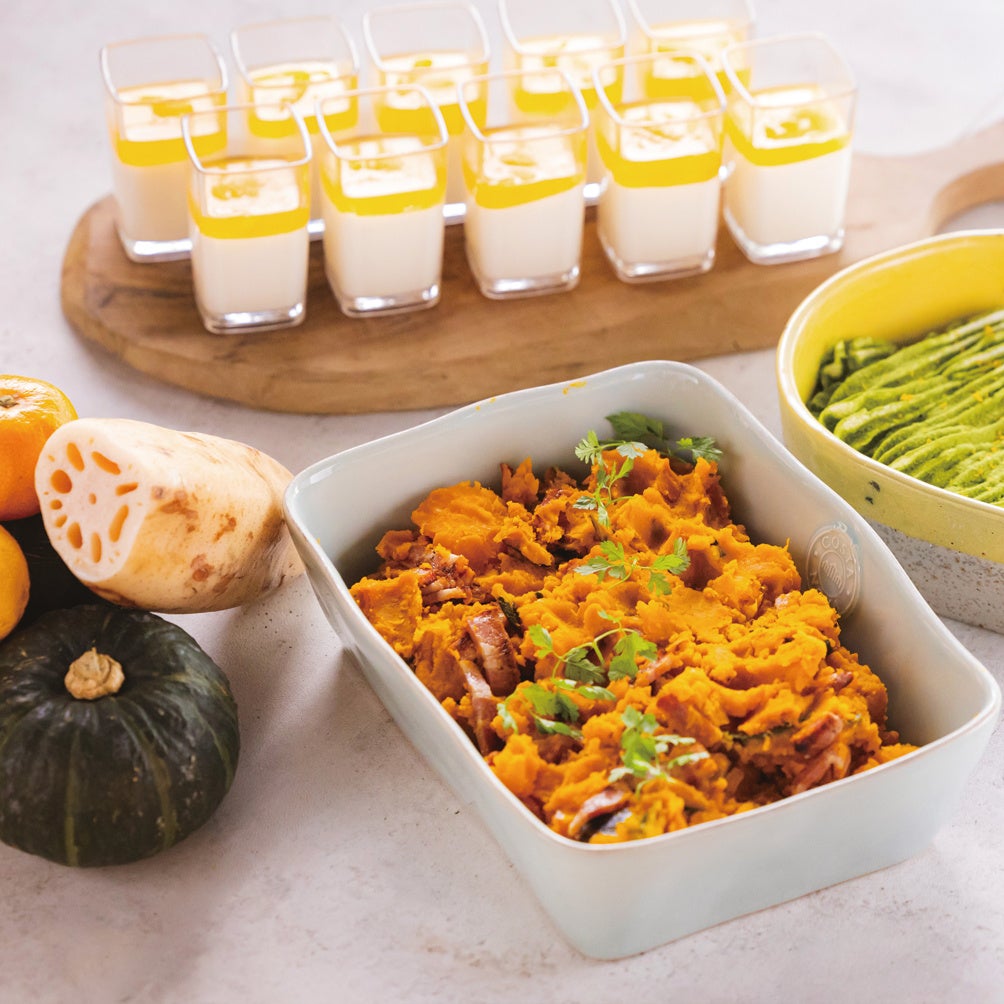 朝食ビュッフェで提供する「ん」が付くメニュー。かぼちゃサラダや柚子ラテコッタ、柚子抹茶ティラミスなど。※写真はイメージです。