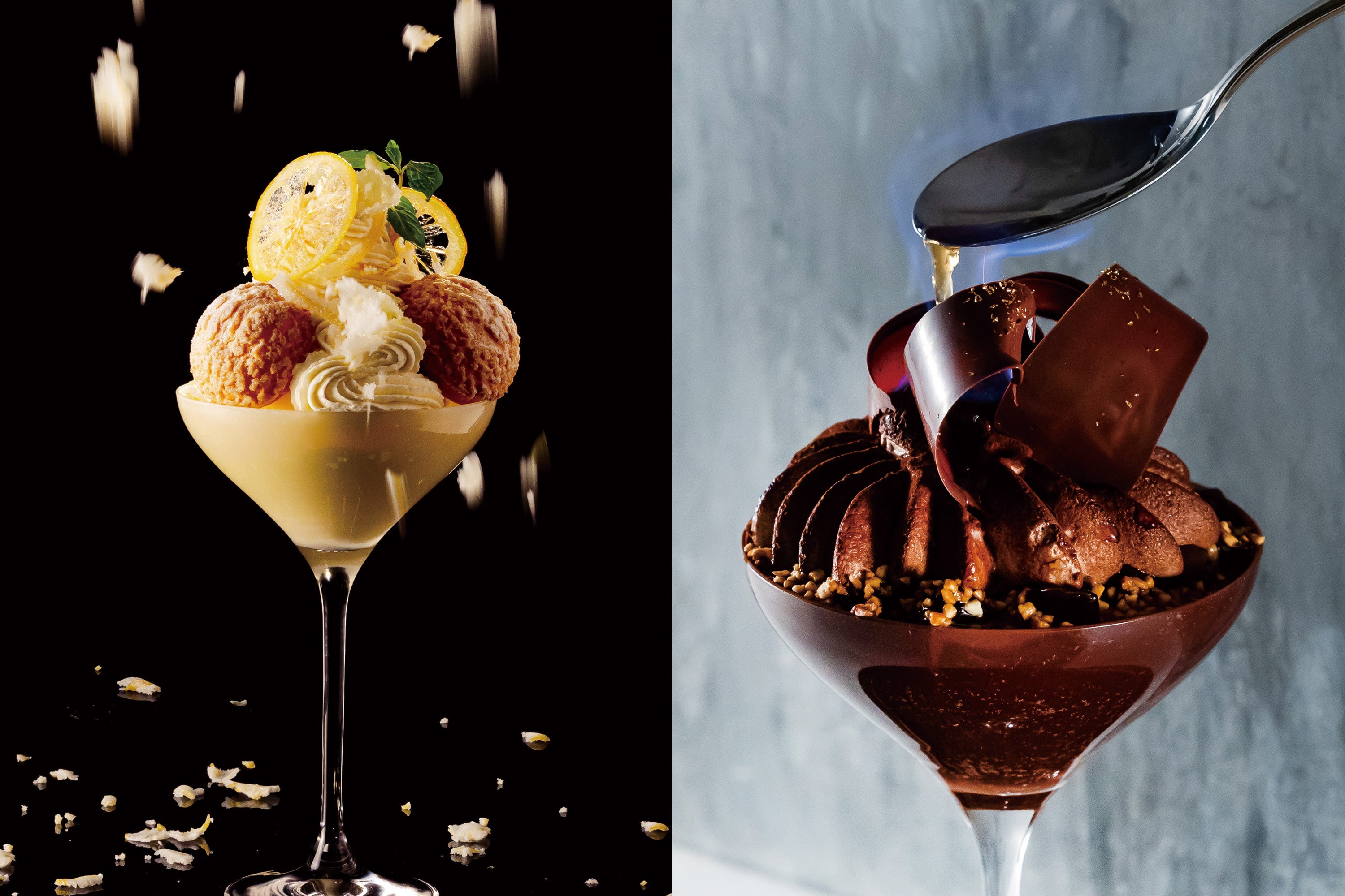 八朔グラニテが降る「KIHARU de 白のパフェ – レディ・ブラン」（写真左）、ブランデーの香りとトリュフの香りが重なる「KIHARU de 黒のパフェ – レディ・ノワール」（写真右） ※写真はイメージです。