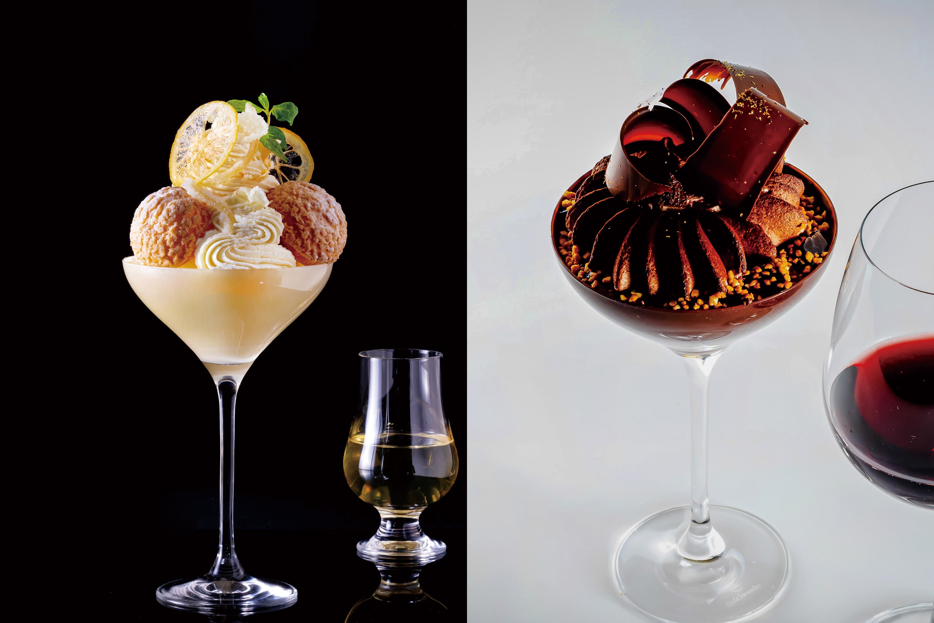 爽やかな味わいに甘い白ワインが追加されると濃厚なカクテルのような味わいに（写真左）。チョコレート×トリュフ×赤ワインの間違いのない組み合わせが楽しめる（写真右）。いずれも味わいの変化が楽しめます。