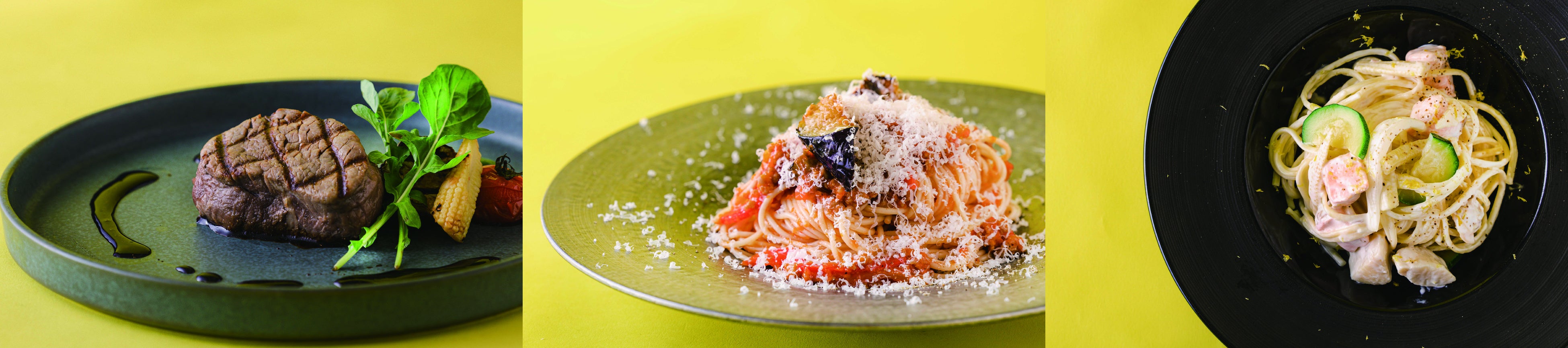 左：牛フィレ肉のグリル　ヴィンコットソース　中央：豚ミンチと夏野菜のピリ辛トマトパスタ　右：シーフードと夏野菜のレモンクリームパスタ