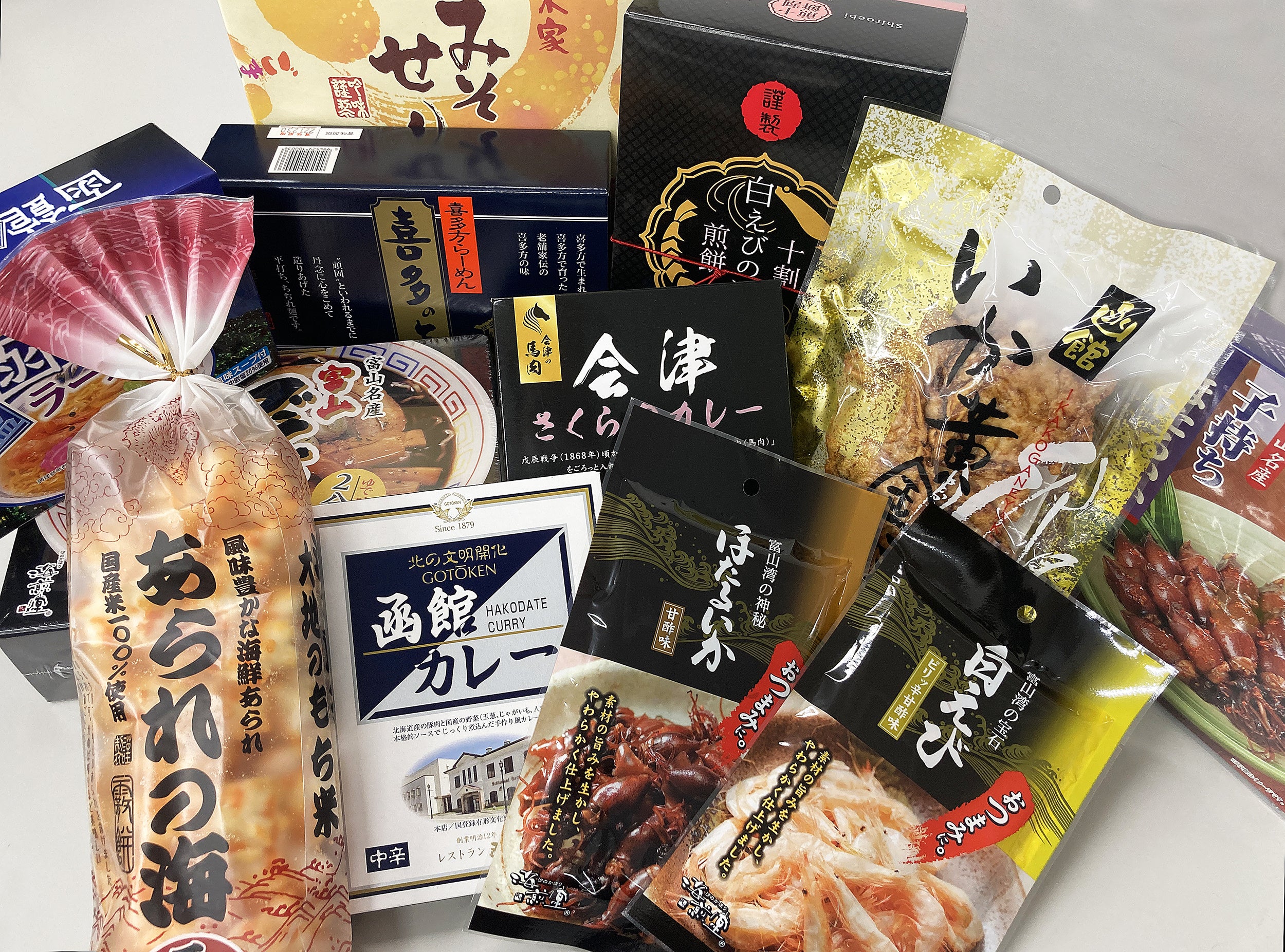 各施設にて同時販売する函館、会津、黒部の 特産品（一例）