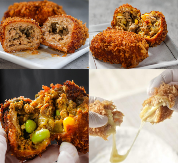 左上：鉄人メンチ（220円）、右上：コーンメンチ（210円） 左下：季節のカレーメンチ（230円）、右下：のびーるチーズメンチ（300円）