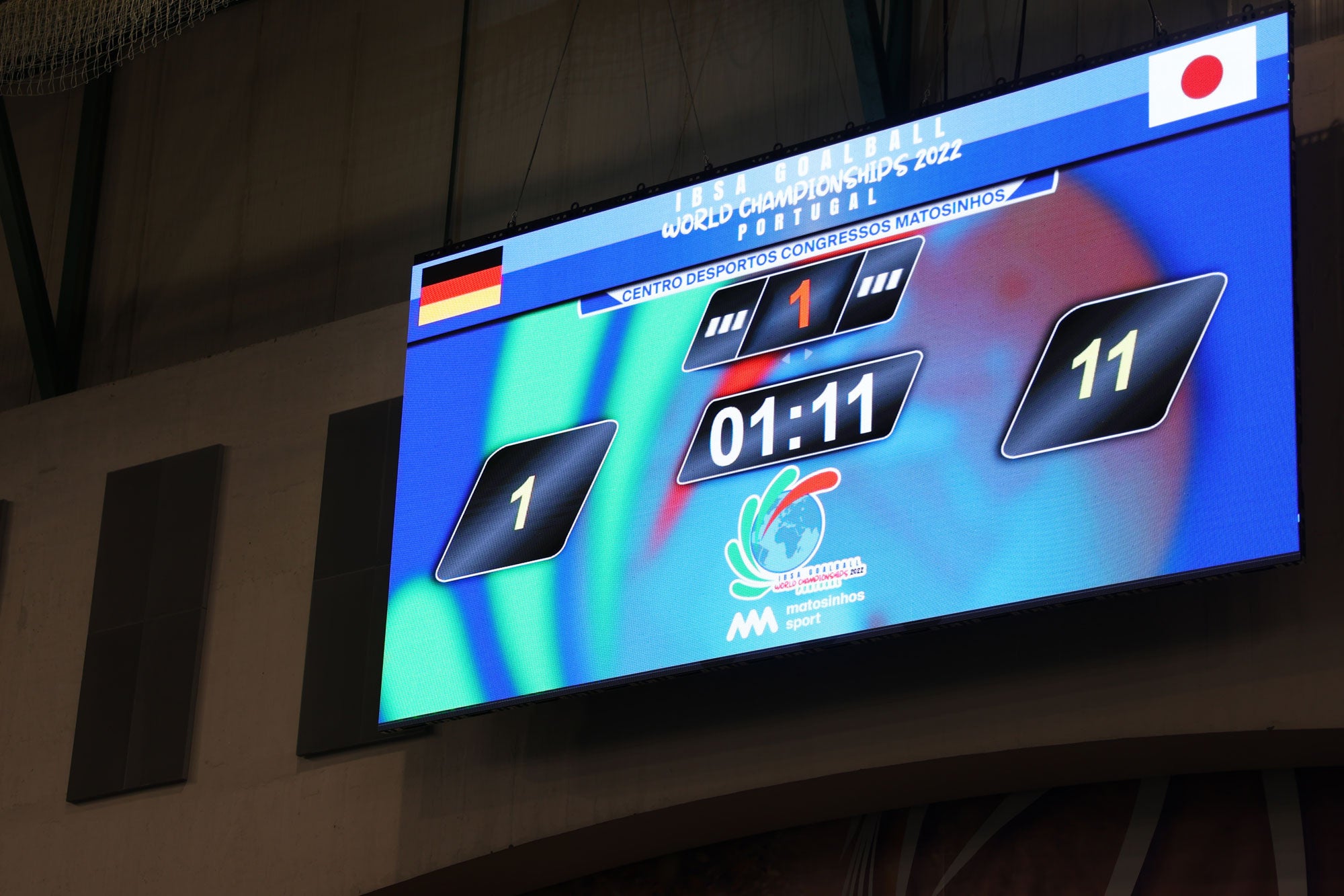 1st（前半）、1-11、1：11というように1が並んだ試合終了時のオーロラビジョン