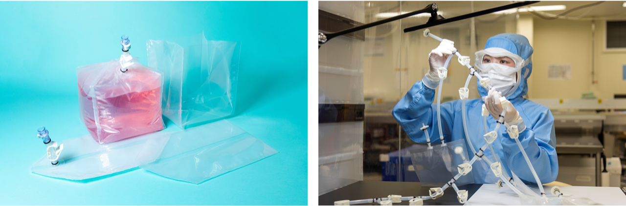 BioPahS®(バイファス) 　シングルユース培養バッグ（左）　チューブアッセンブリサービス（右）