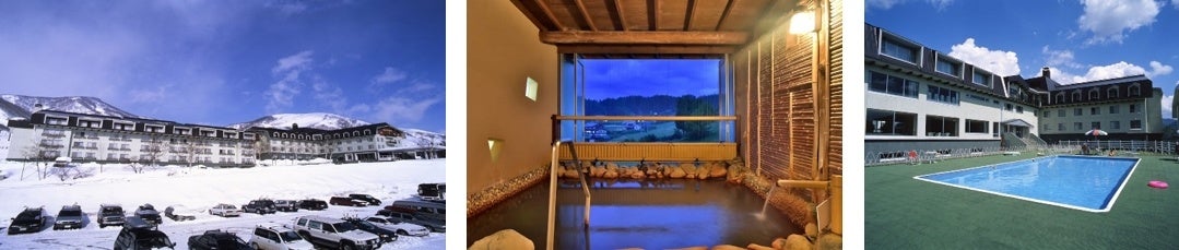 【冬の白馬アルプスホテル、天然温泉やプールなどの設備も充実。日帰り入浴も可能】