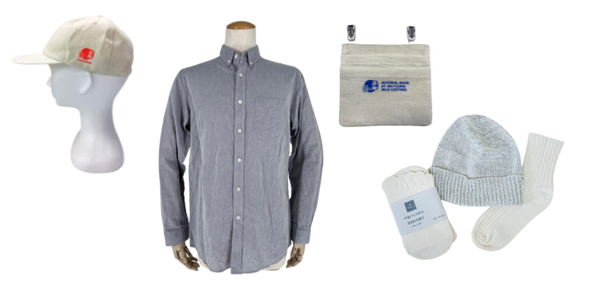 紙パック再生糸を用いて作られた帽子、シャツ、ポケットポーチ、靴下