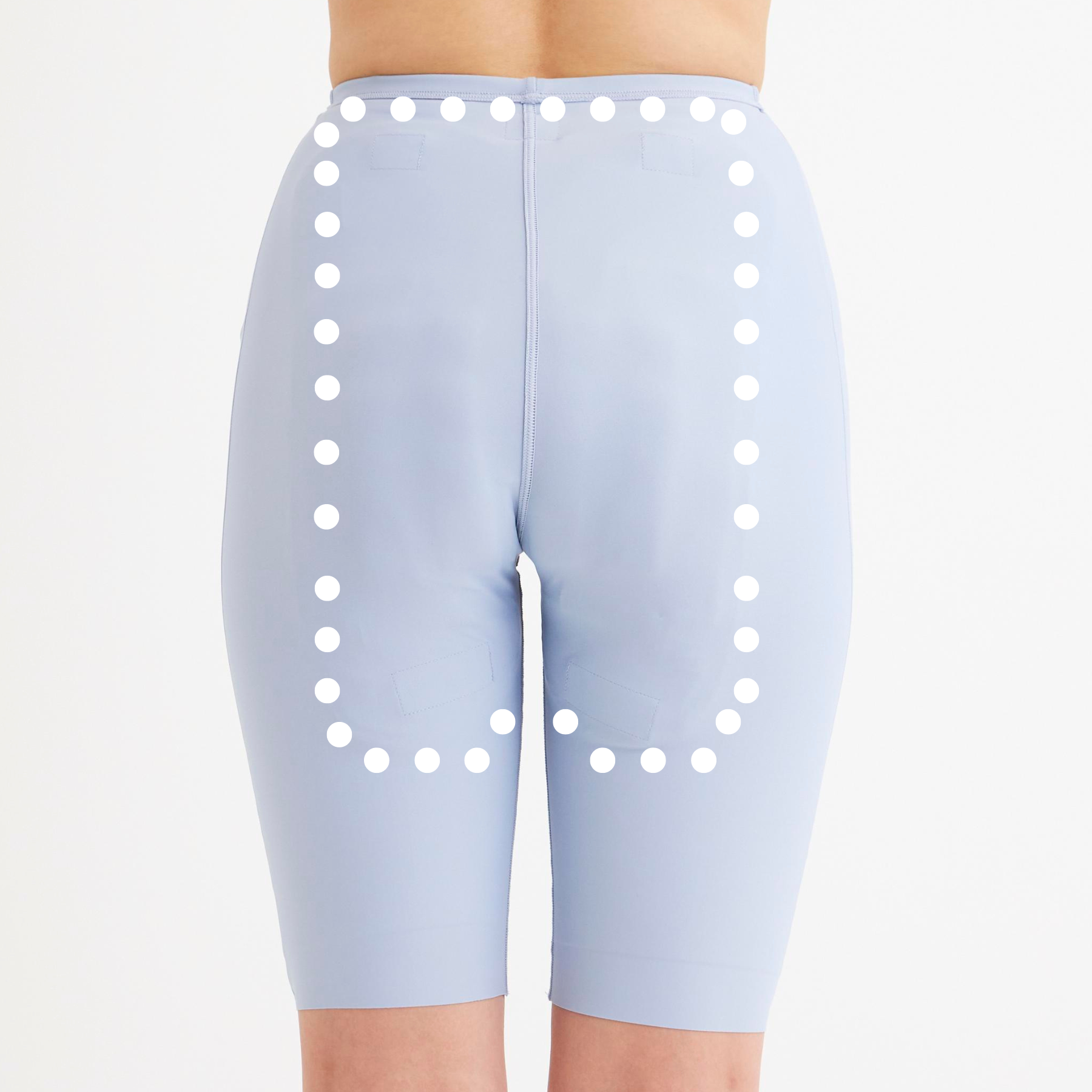 パッドがある位置(白点)　お尻全体にパッドが当たります。パッド縦：約38.5cm　横：約28cm　