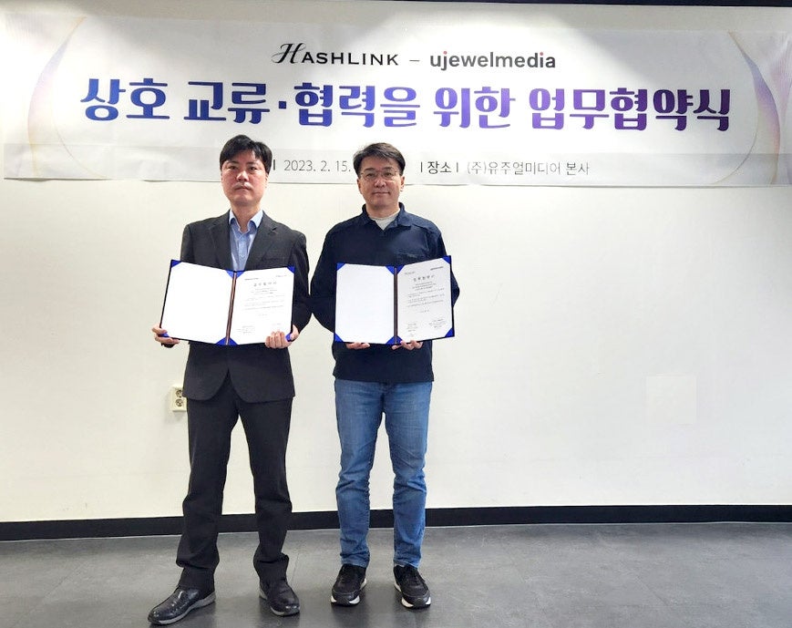 左から　ユジュアルメディア代表取締役 ミン・ソンウク氏、HashLink代表取締役　李 炫雨