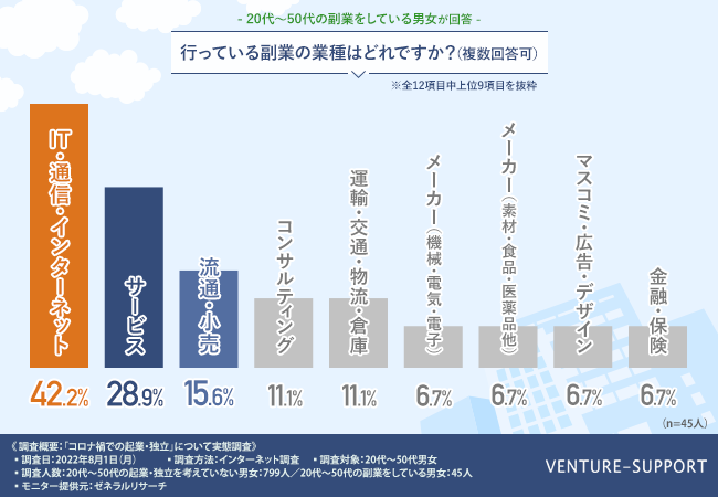 全国20代～50代の副業をしている男女45人を対象に調査を実施