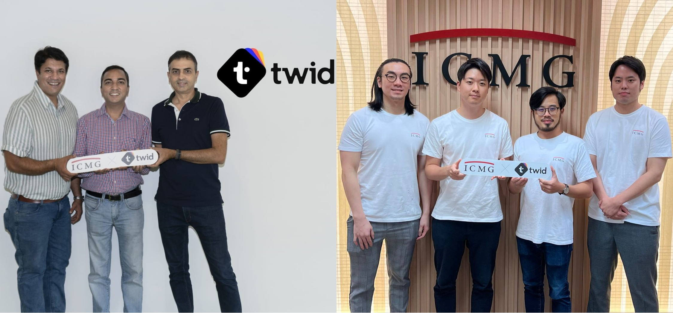 左：TWID共同創業者 左からRishi Raj Batra、Amit Koshal、Amit Sharma（TWIDインドオフィスにて）右：ICMG Partners代表取締役 舩橋元 (右から3番目)、アジアチーム（ICMGシンガポールオフィスにて）