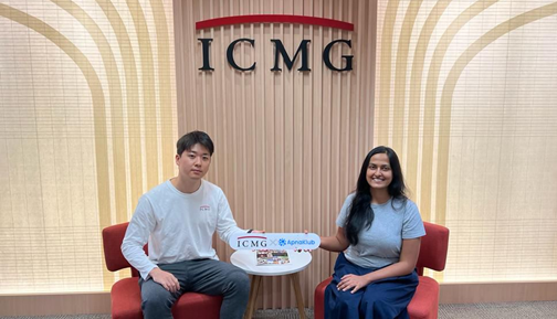 （左から） 株式会社ICMG Partners CEO 舩橋元、ApnaKlub CEO Shruti Shruti氏（ICMGシンガポールオフィスにて）