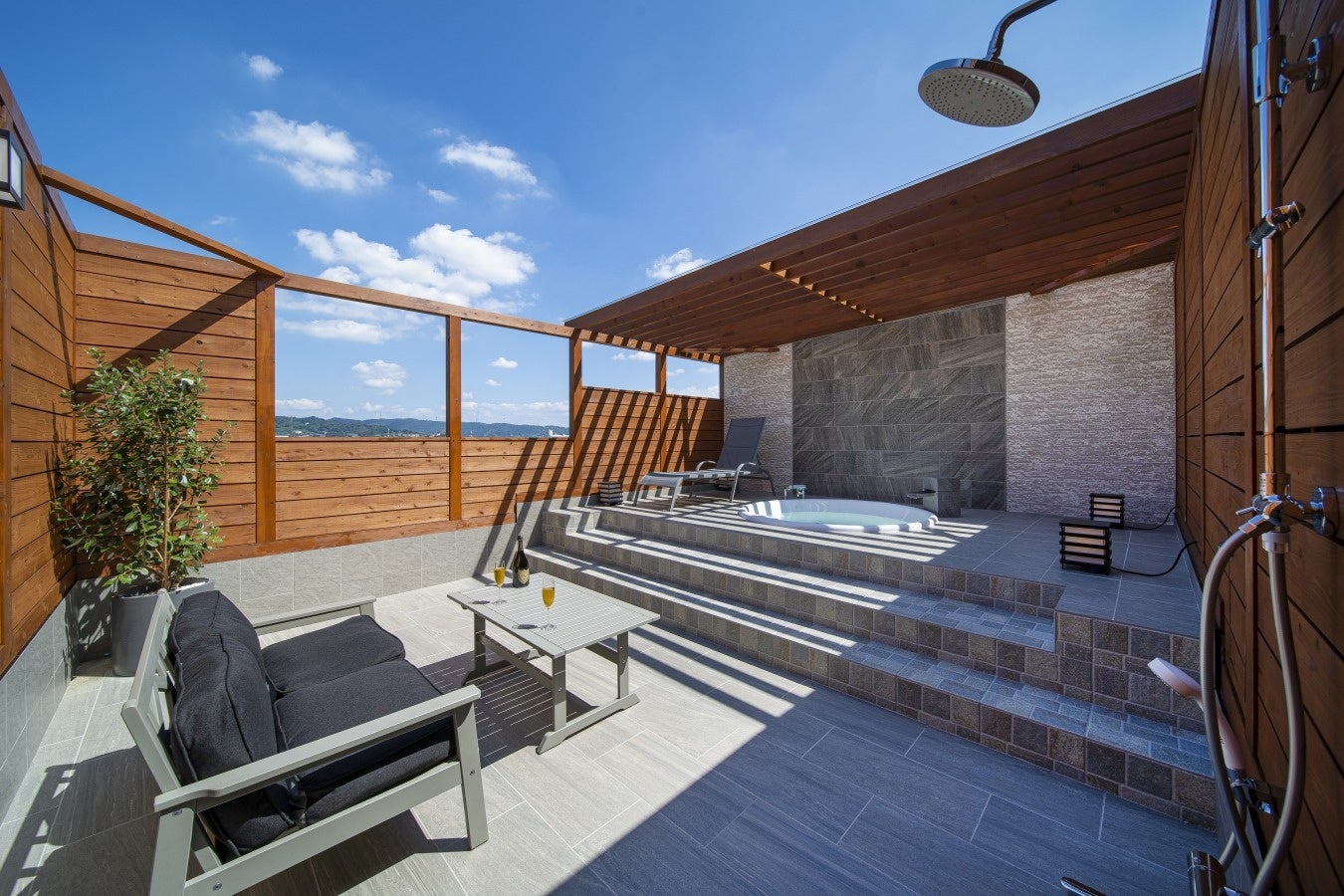 露天風呂から空、山、川を眺めることができます。