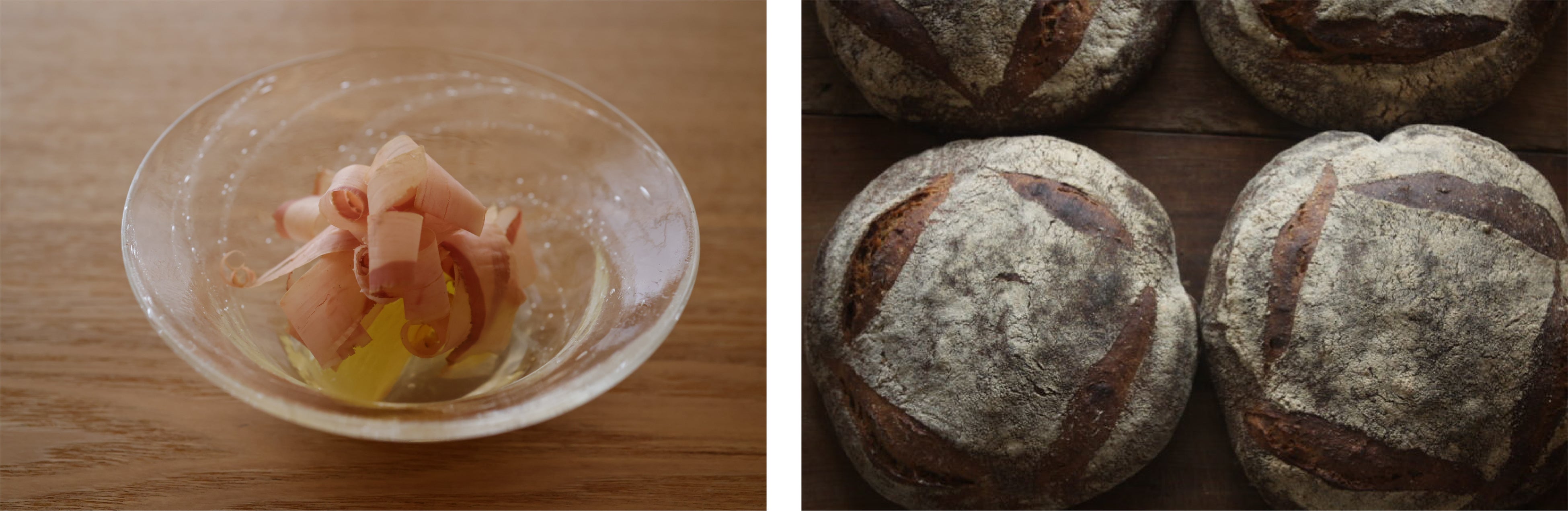 左：縄屋の桃のおひたし、右：弥栄窯のパン