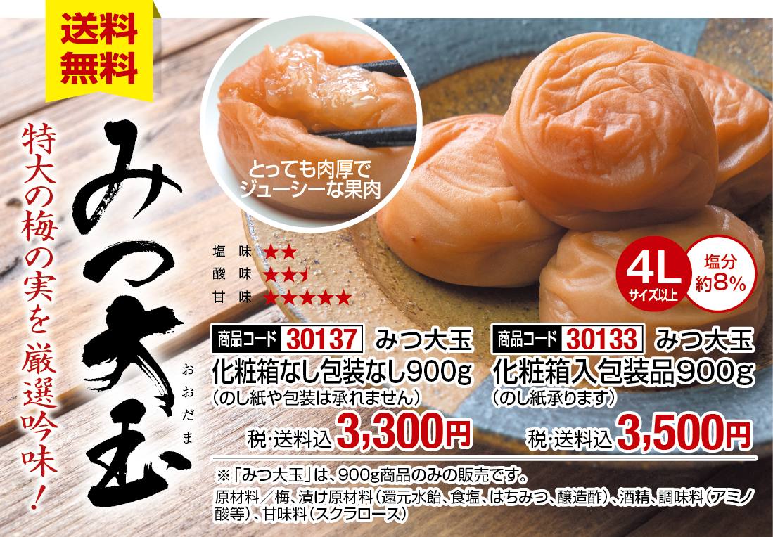 紀州南高梅「みつ大玉」特大の梅の実を厳選吟味。 当店No.１人気！