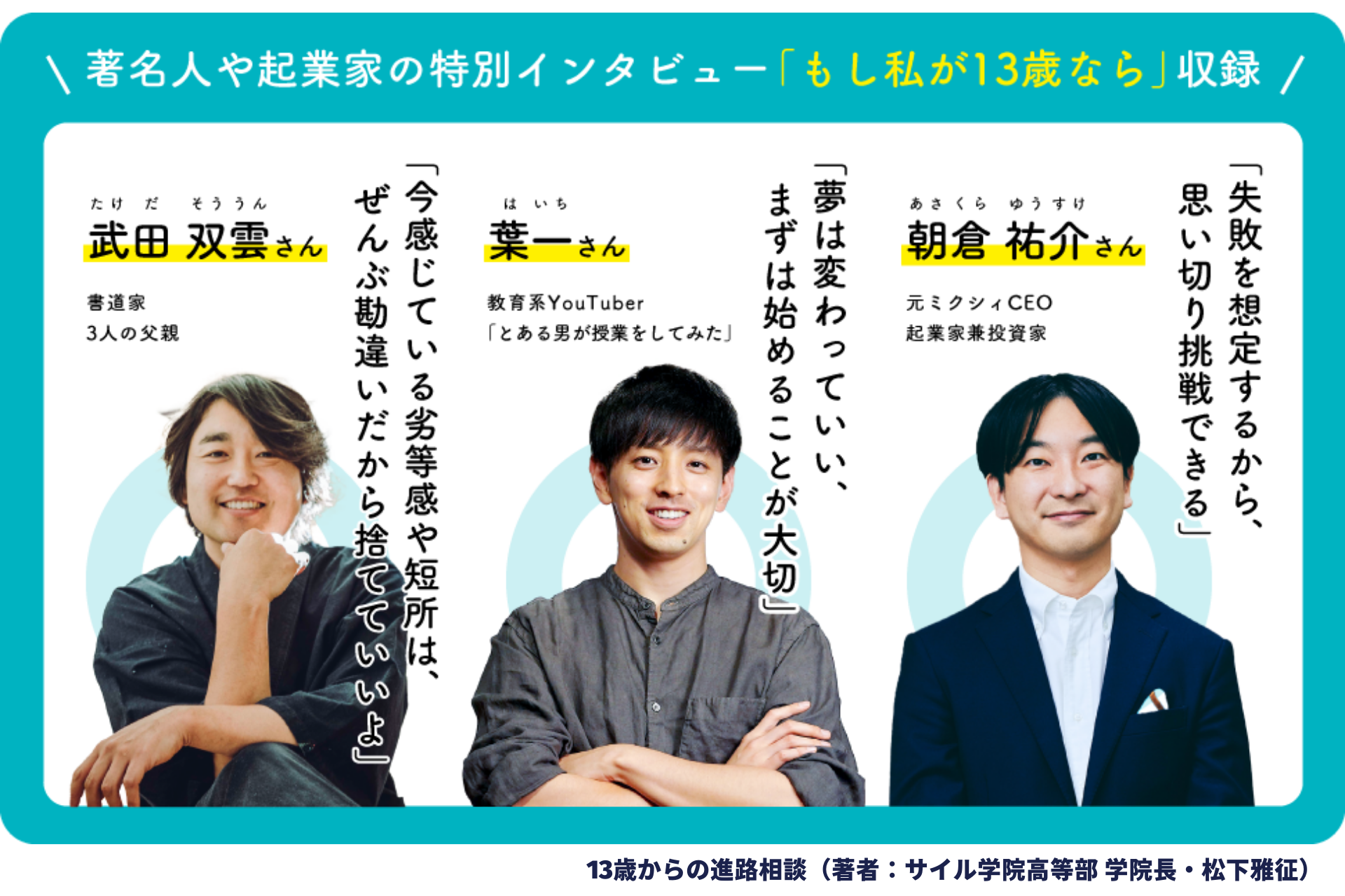 書籍のコンセプトに賛同した著名人（武田双雲さん・葉一さん・朝倉祐介さん）のインタビューも収録
