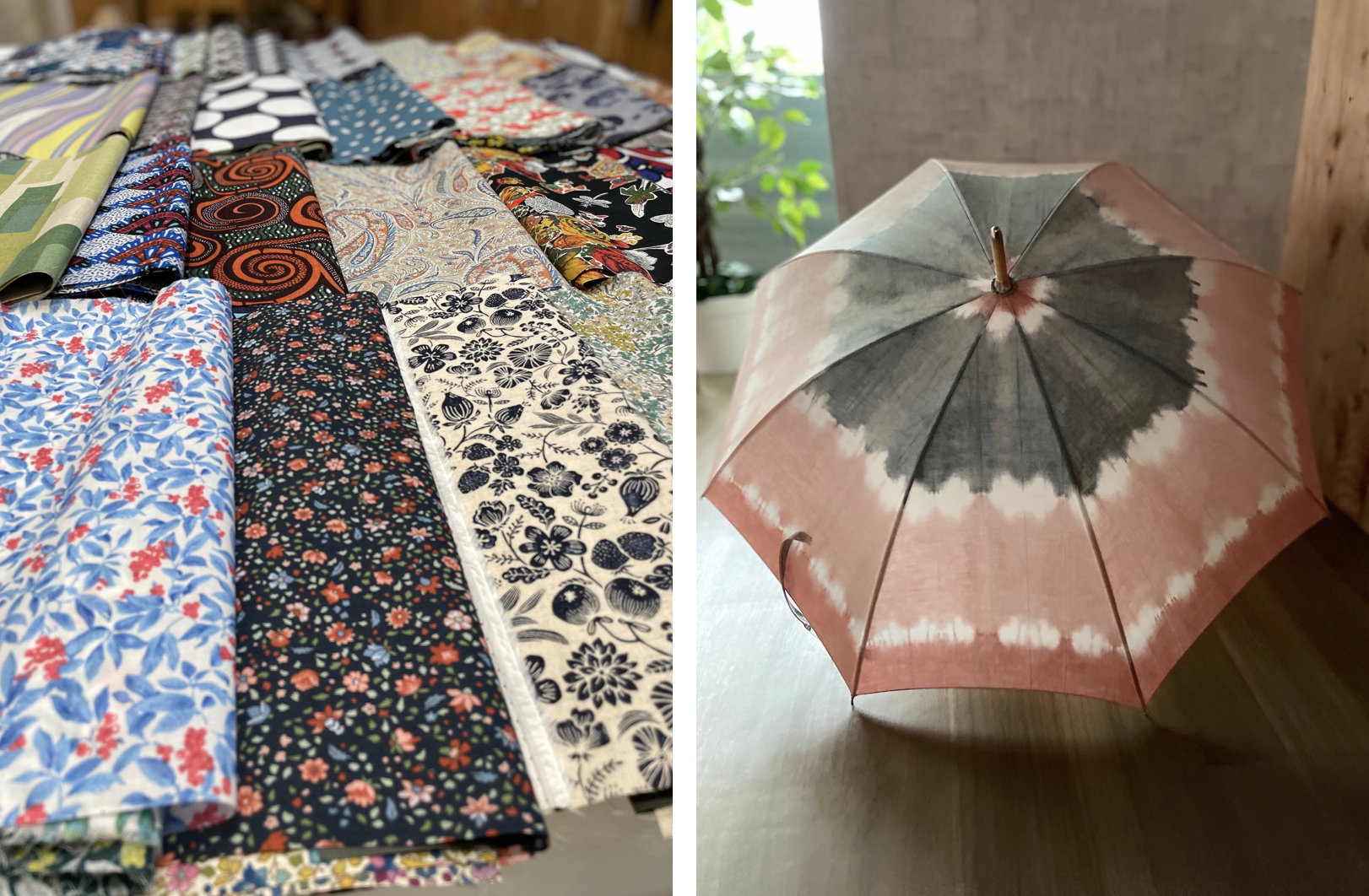 左：生地の一部　右：ベンガラ染めの生地をつかった日傘