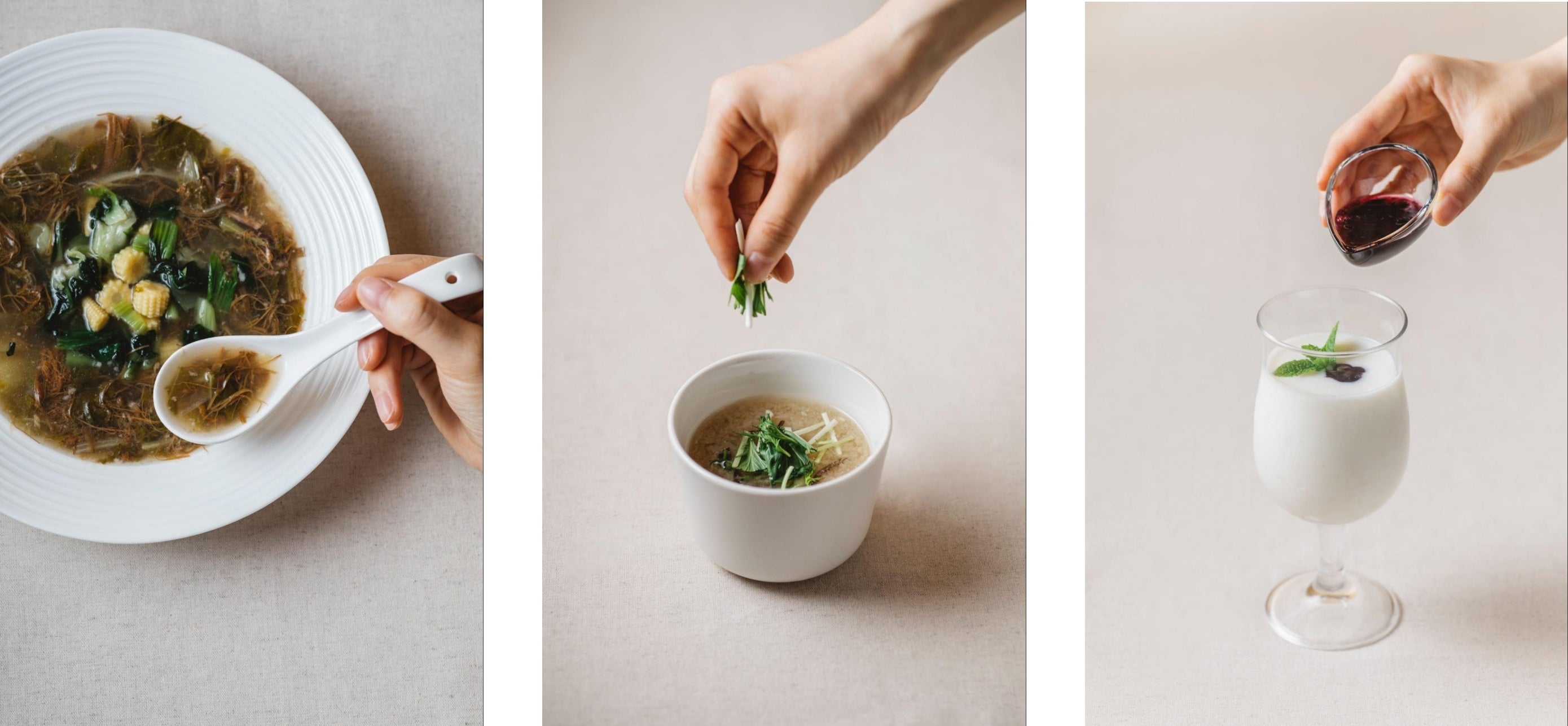 ＊写真左：炒め野菜入り近江牛テールスープ（ミニサラダ付き）…1,760円(税込) 　＊中央：滋賀県産きくらげと塩糀入り生姜スープ（ミニサラダ付き）…660円(税込) 　＊右： ヨーグルト甘酒ドリンク（ブルーベリージャム添え）…660円(税込)