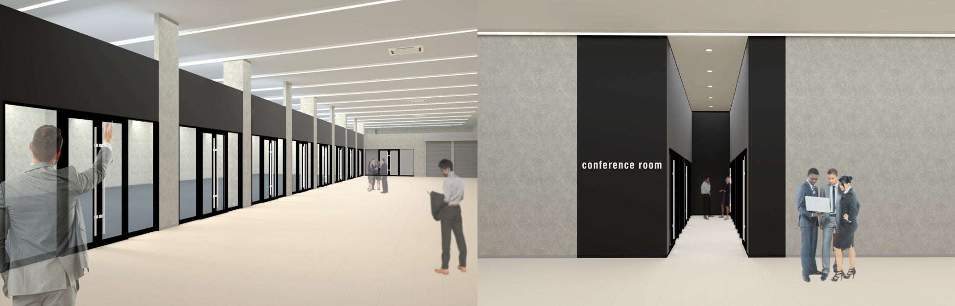 パースイメージ(左:オフィスエリア、右:ミーティングエリア)