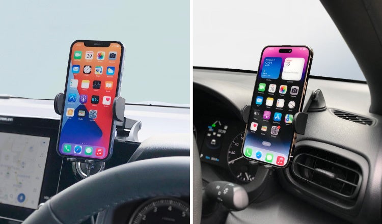 左)ヴォクシー・運転席左側ダッシュボード・iPhone12 右)ヤリスクロス・運転席右側ダッシュボード・ローダウン取付・iPhone14 ProMAX