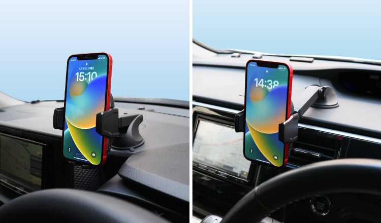 左）トヨタ ライズ・運転席左側ダッシュボード・iPhone12　右）ホンダ ステップワゴン・運転席左側ダッシュボード・ローダウン取付・iPhone12