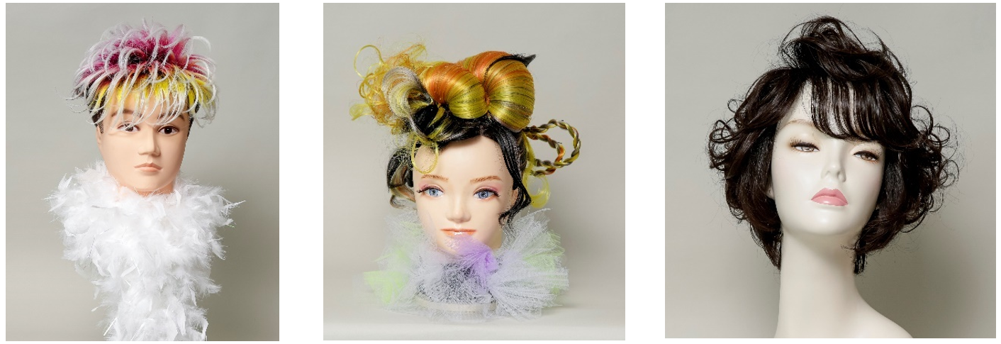 左から）＜フリースタイル部門＞メンズ部門優勝　アデランス渋谷　西山 彰の作品、 ＜フリースタイル部門＞レディス部門優勝　美材ルート事業部　小沼 かなえの作品、 ＜スタイリング部門＞ハイネット 松坂屋名古屋店　岩月 郁代の作品