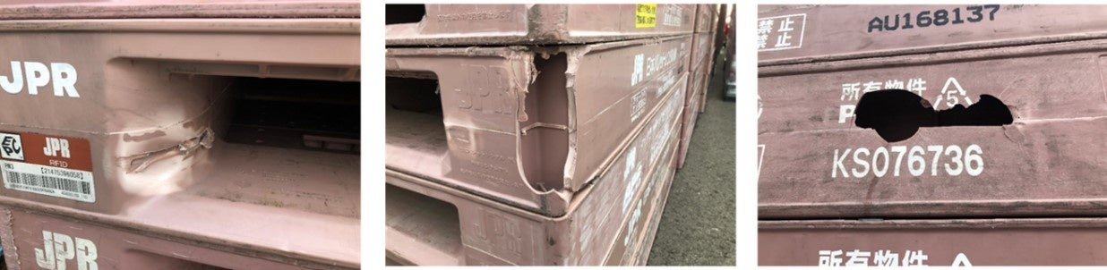 写真：フォークリフトの爪の衝突などによる破損の例