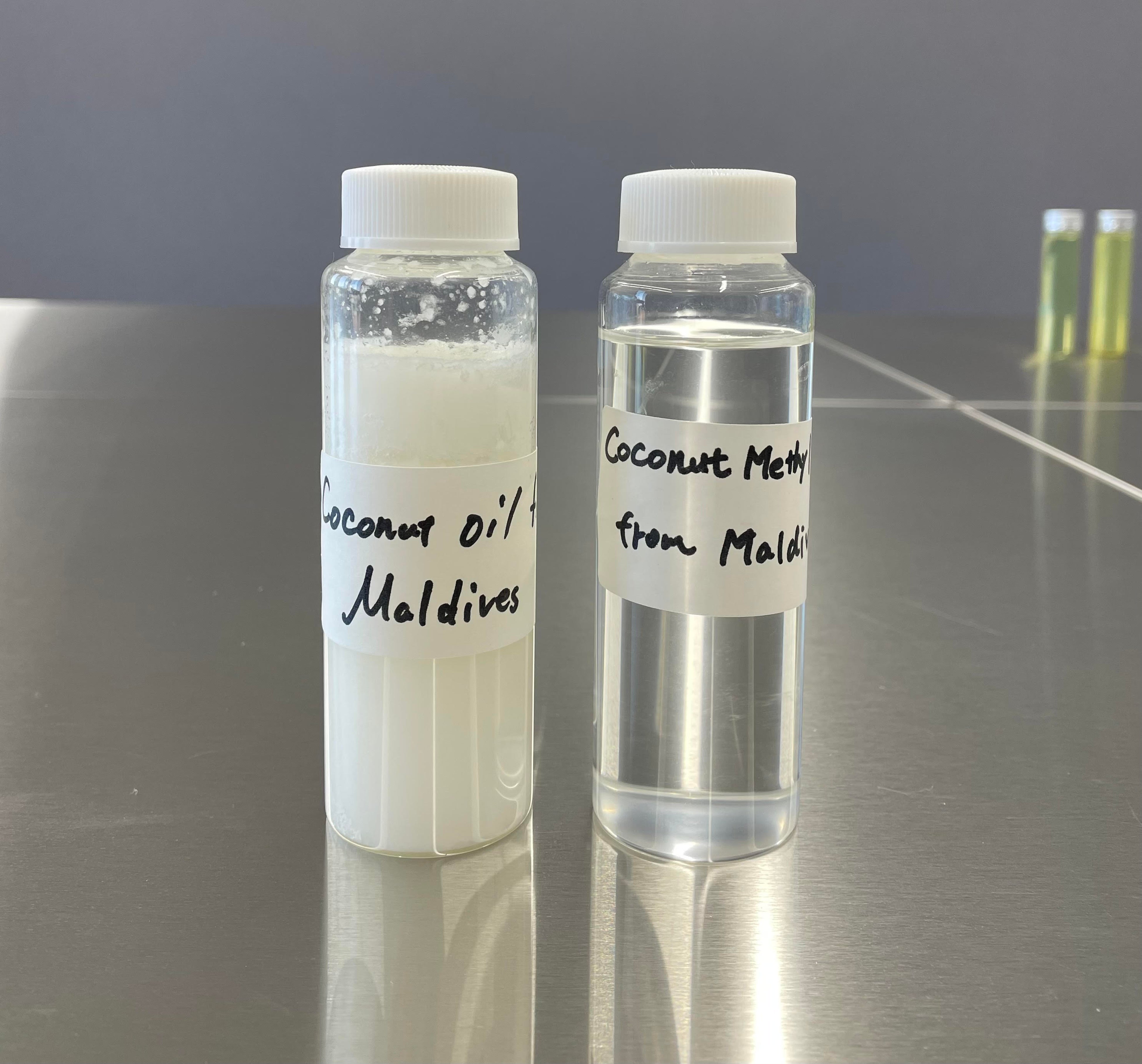 モルディブで使用している廃ココナッツ油（左）と木下教授が精製したバイオディーゼル（右）