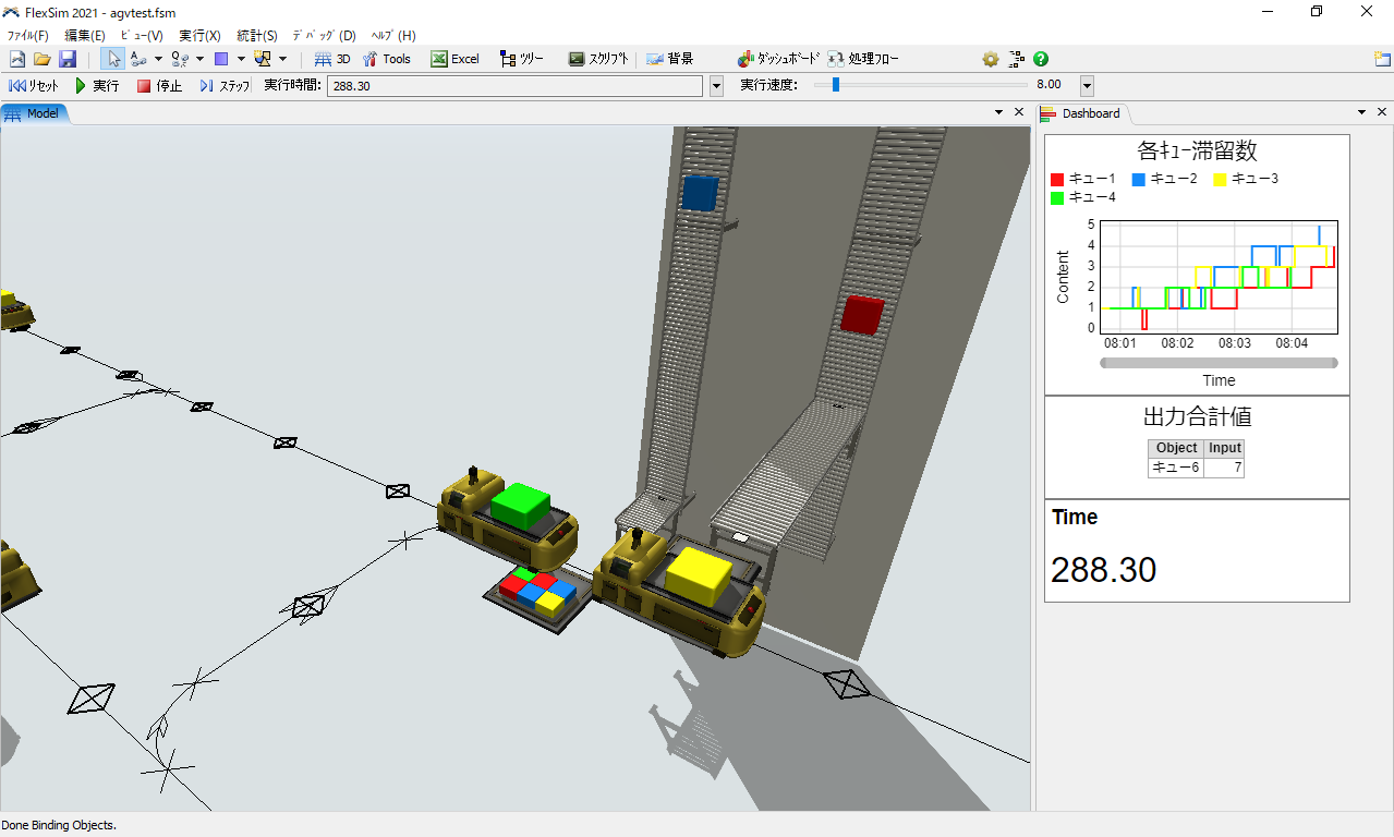 人の動線や設備の配置検証に加え、AGVの移動ルートや速度をシミュレートすることで、 AGVと垂直搬送機を連結。水平・垂直両面の動きを自動化し、業務フローを効率化