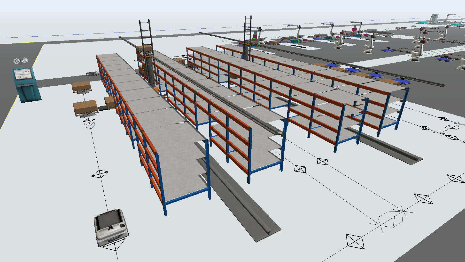 自動倉庫やAGVの稼働検証を行っている、 蓄電池工場「Power Base」のシミュレーションモデル（一部公開）