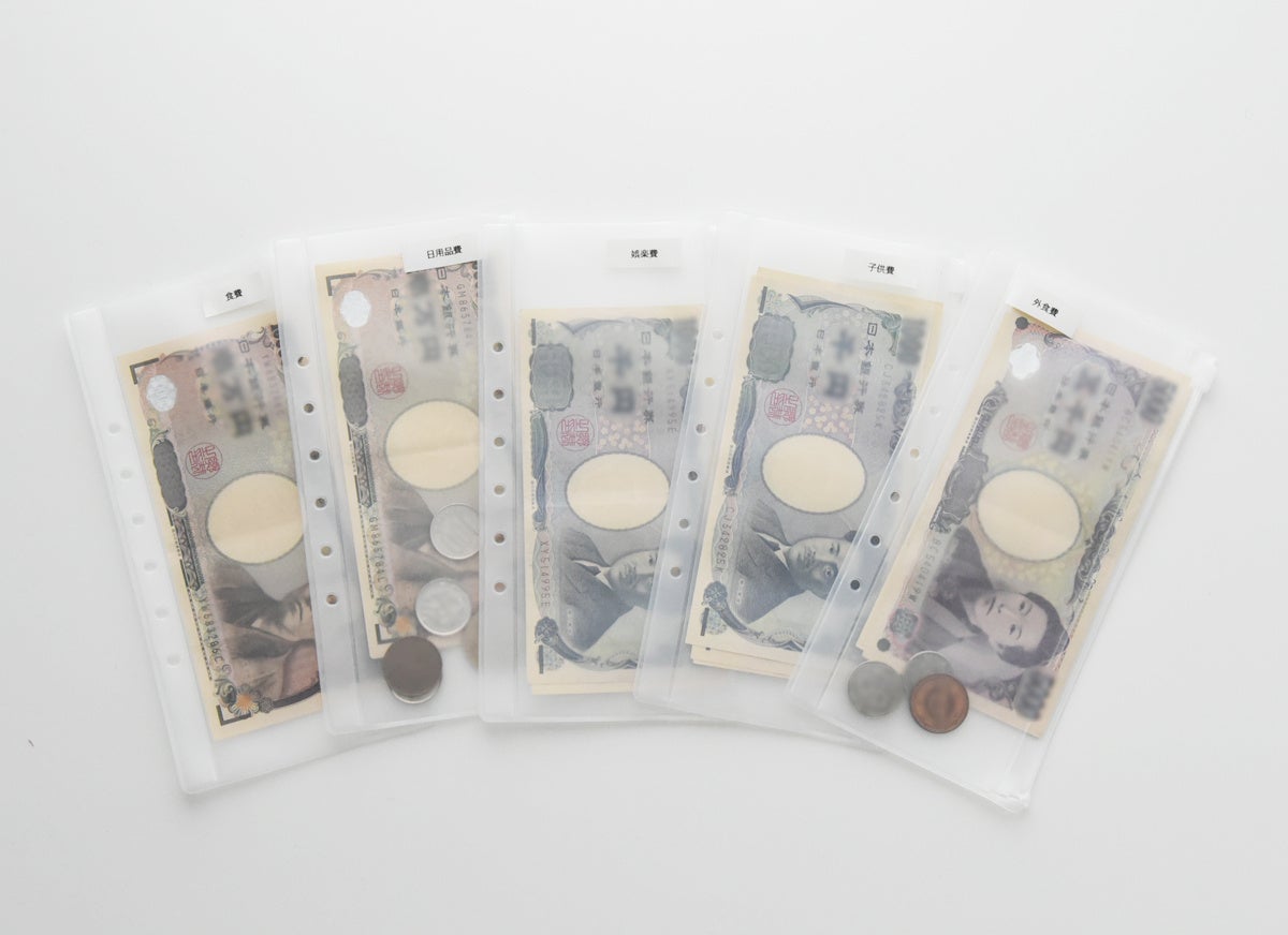 クリアケースに予算分けした現金を収納。食費・日用品などの用途別や、週ごとの予算で分けても◎
