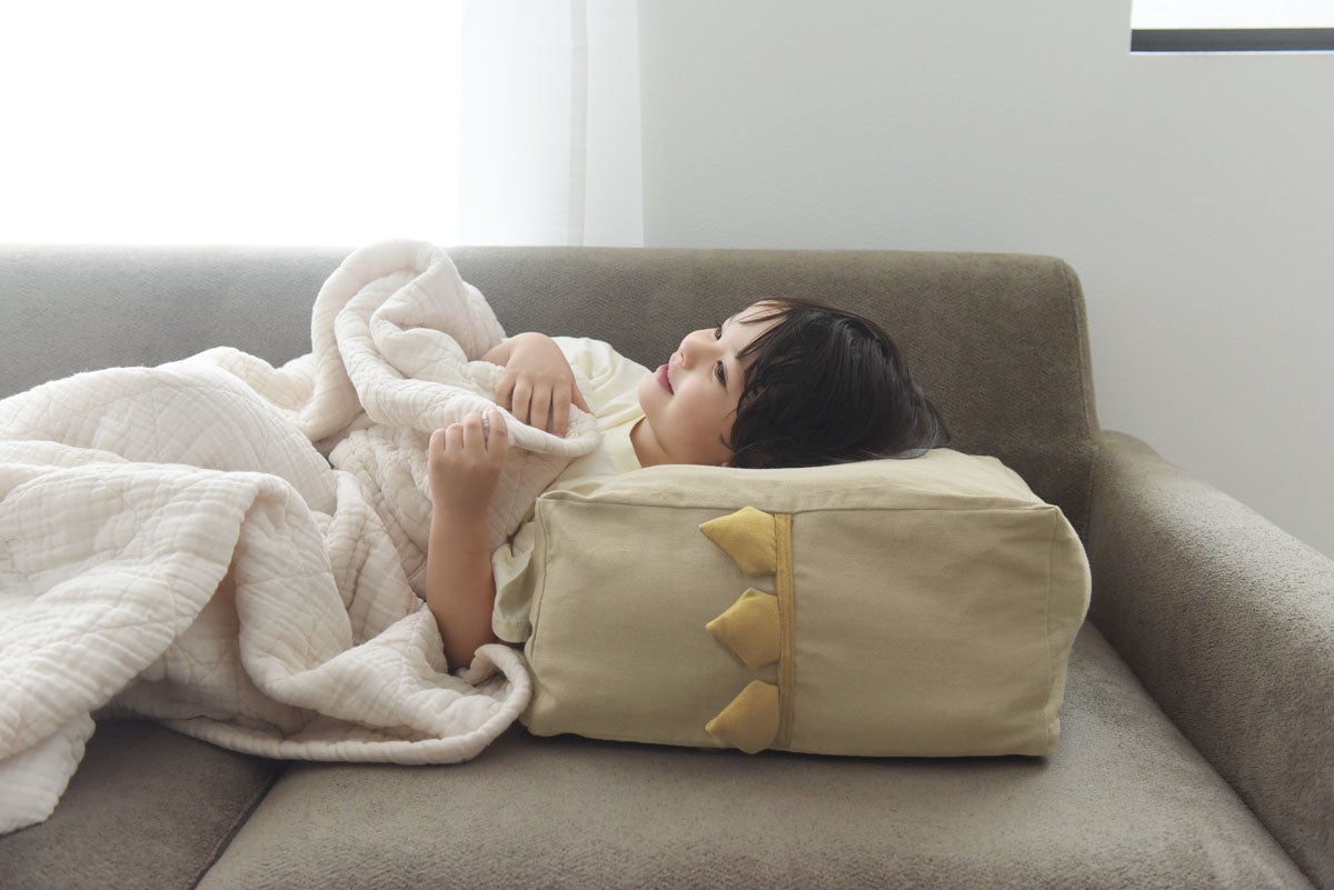 お昼寝まくらにも。お気に入りの恐竜まくらにゴロン