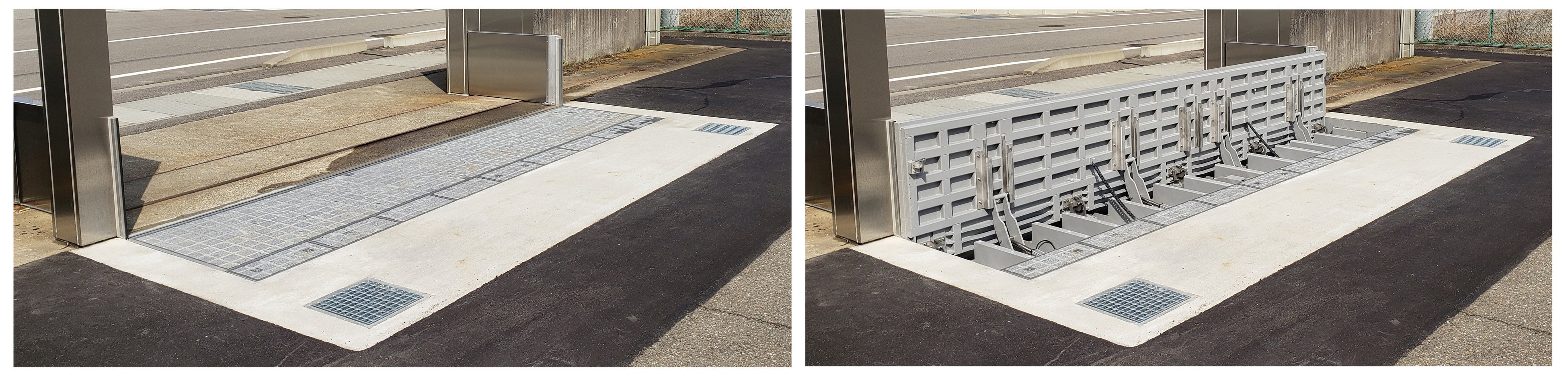 電動起上式防水板「SuiZin」（左：通常時　右：防水板起上時）