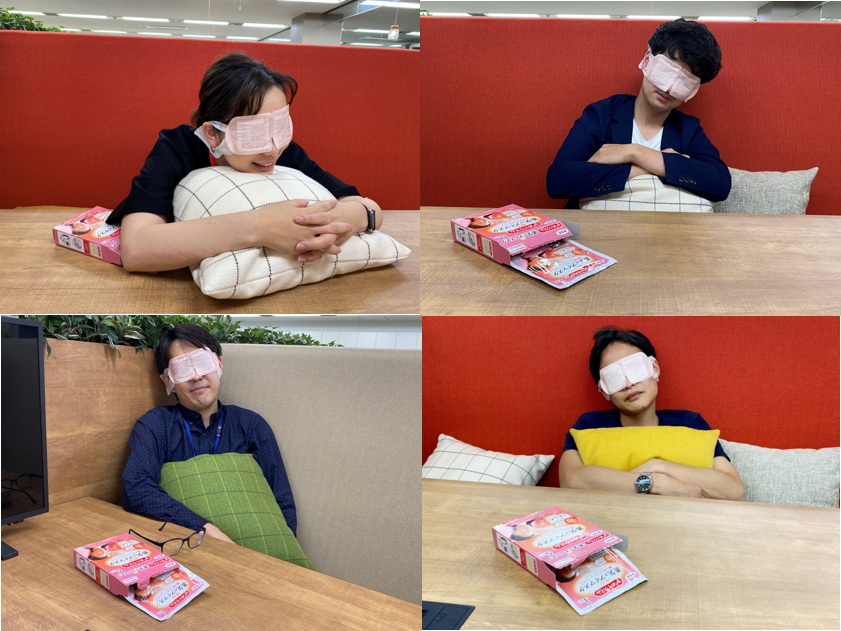 ロッテ社内で花王「めぐりズム 蒸気でホットアイマスク」を使った『ちょこっとオフタイム』の様子